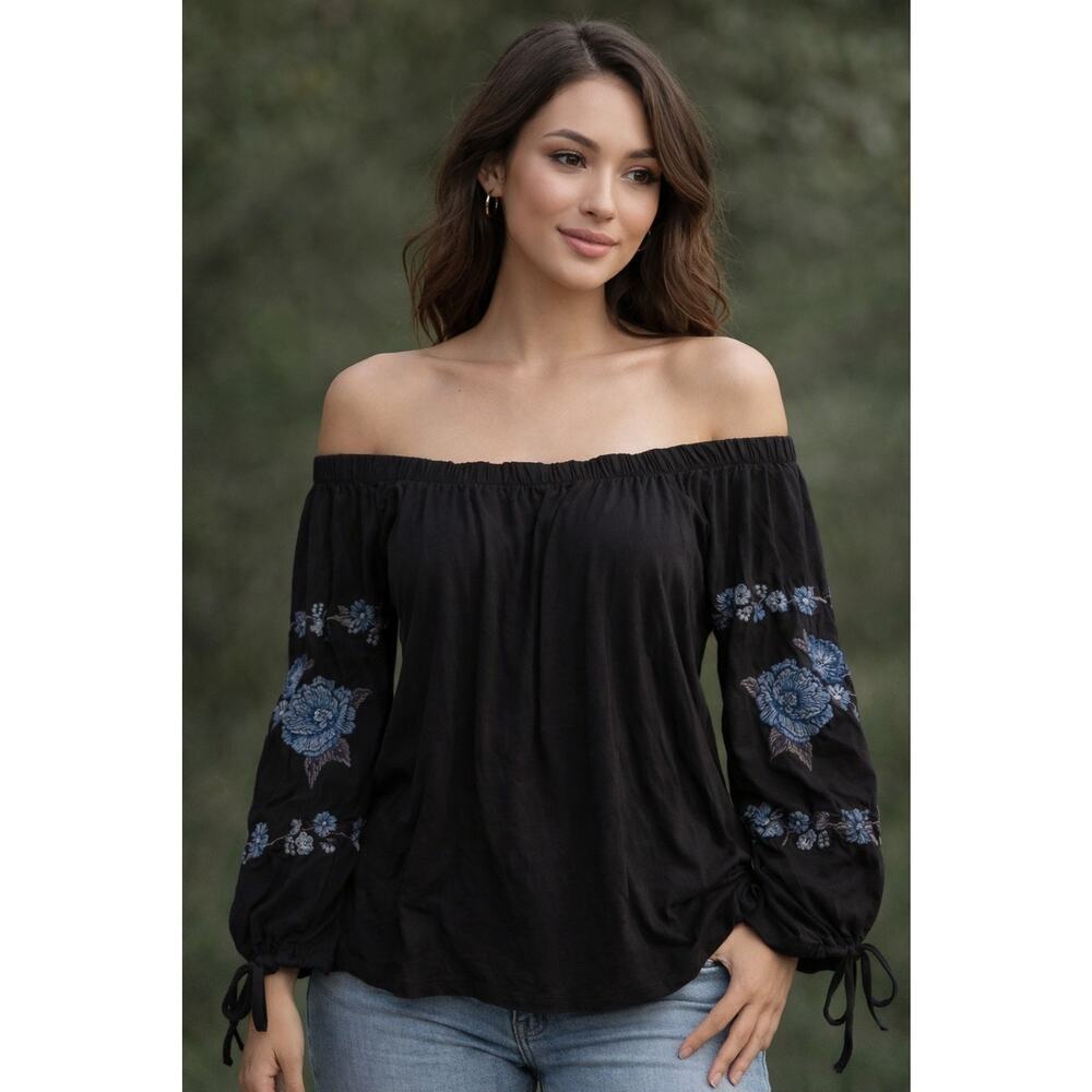 Womens AMERICAN EAGLE Off Shoulder Blk Flower Embroid Long Sleeve Blouse Size XS